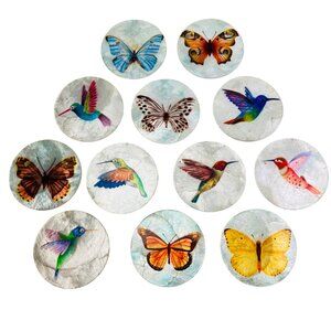Vintage 12 Handpainted Capiz Shell Coasters With Butterfly & Hummingbird Boho